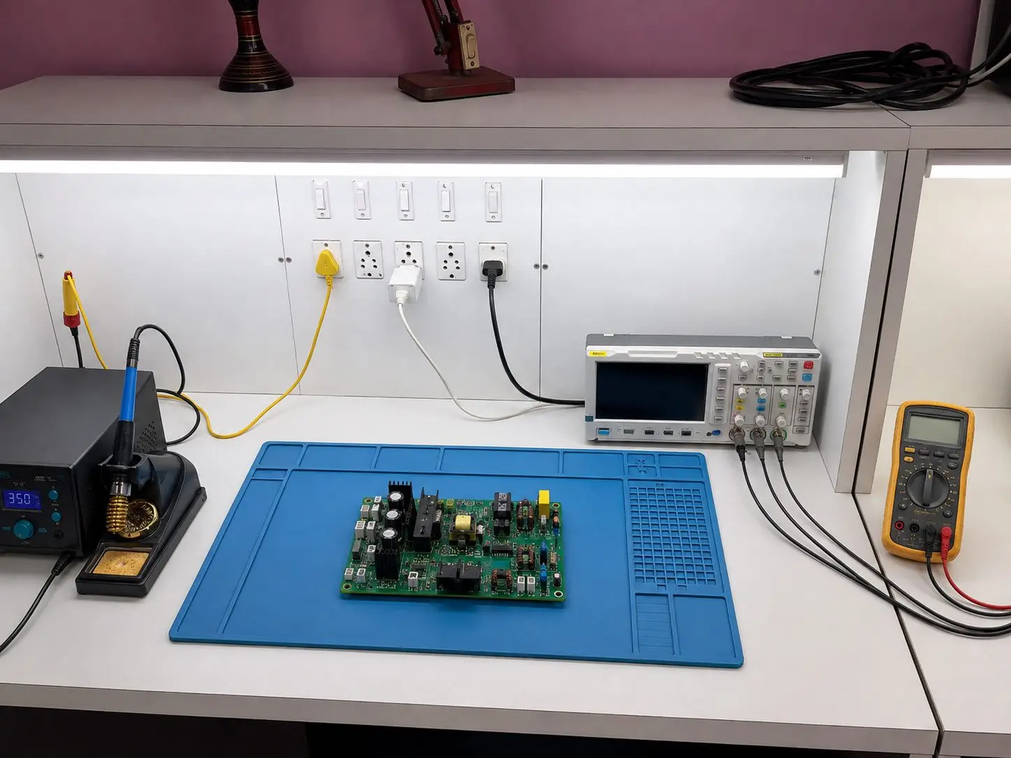 Diagnostic bench with oscilloscope and meters