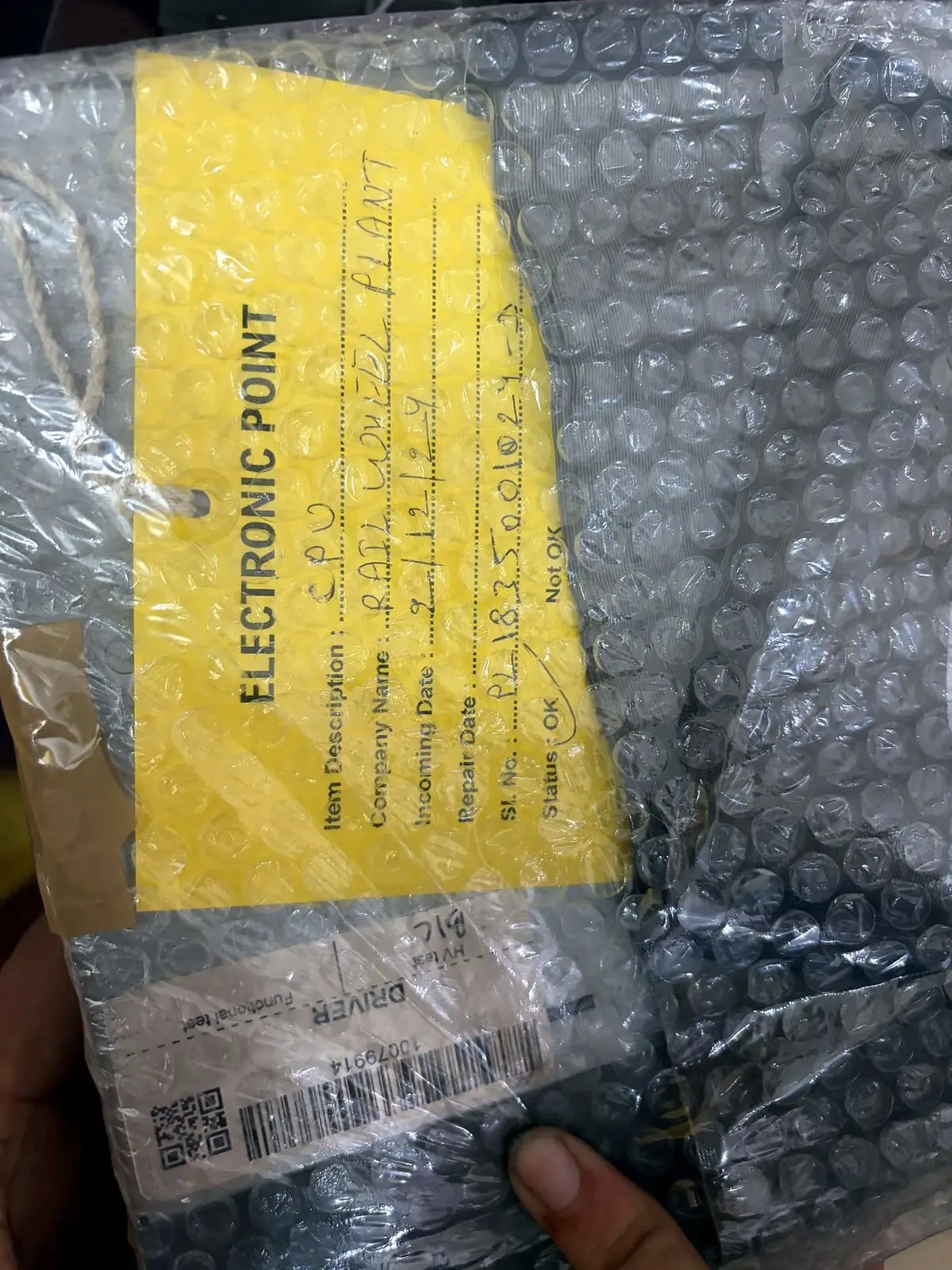 Repaired unit wrapped and tagged for dispatch