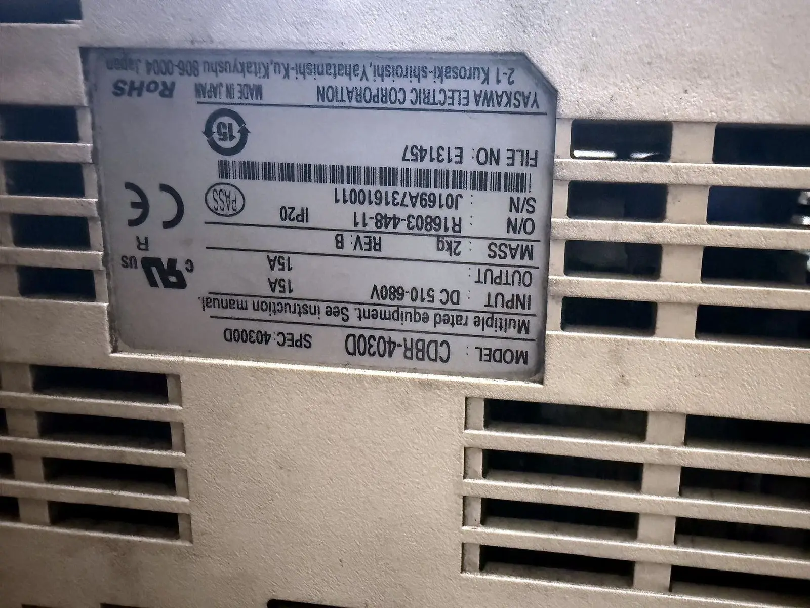 Yaskawa converter nameplate recorded at intake